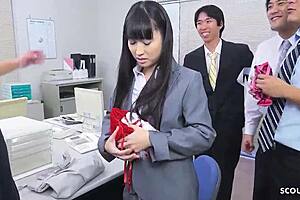In an uncensored JAV scene, a skinny Japanese secretary entices her colleagues into a wild Christmas gangbang. She receives multiple creampies in various positions like cowgirl and missionary.
