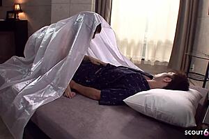 Japanese stepmom wakes boy with blowjob pussy sliding handjob letting him cum on hairy beaver in mature orgasm