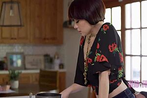 woman cooks while getting fucked by ladyboy and girl studies while sucking cock in this taboo step family setup