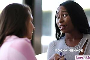 Brunette milf lets petite asian and ebony babes lick pussies in threesome while she's away