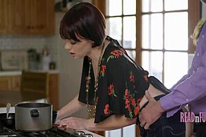 woman cooks while getting fucked by ladyboy and girl studies while sucking cock in this taboo step family setup