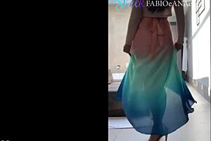 sensual dancing in skirt and panties outdoors