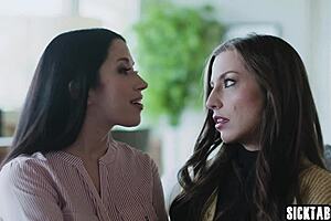 Discussing wet brunette milf Alex Coal in scissoring action with hot lesbian milf Spencer Bradley