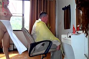 Nudist Barbershop Features Nude Lady Hairdresser In Apron Surprising Client With Teasing And Outdoor Public Striptease