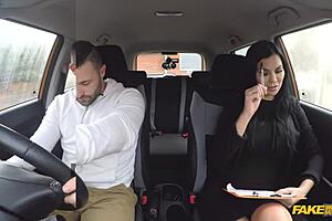 milf examiner makes full on sexual advances to distract male student in fake driving school car