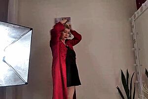 Look at this mature slut wife in red satin negligee sucking dick with ponytail