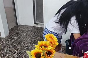 Fake student in sexy short skirt masturbates at home with dildo showing her inflated tits