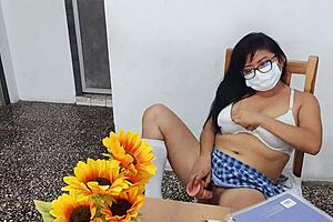 Fake student in sexy short skirt masturbates at home with dildo showing her inflated tits