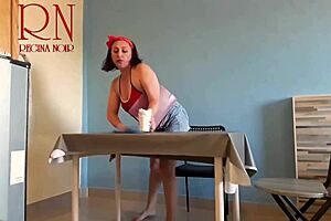 hey guest, eat from this naked waitress's navel at the restaurant while she serves with her curvy natural tits out