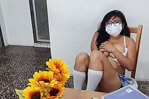 Fake student in sexy short skirt masturbates at home with dildo showing her inflated tits