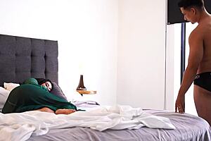 Waking up busty milf Lina Henao with hard-on leads to huge tits sex featuring Angel Cruz