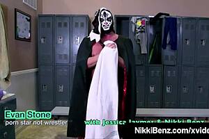 wwe naked nikki benz gets into 3some action with huge tits blowjob and cum on tits in wrestling ring