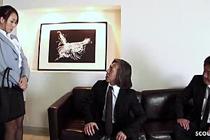 In the office, asian girl chats with two old guys before they dp her hairy pussy in mmf threesome. She takes anal and creampie bent over desk in pantyhose.