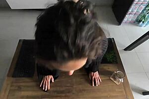 it's thrilling to grope my small tits and wet pussy on the desk while my french husband watches and spits milk on me