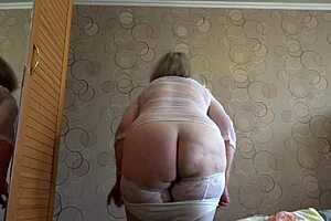 Blonde mature bbw shakes big ass pawg in new white panties close up with hairy pussy and natural tits