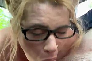 Streetwalker with glasses deepthroats a cock then sucks off every drop of cum after a man cums in her mouth