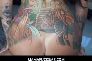 Tattooed STEPMOM notices that her STEPSON johnny is having trouble focusing on studying for his EXAM when she catches him masturbating