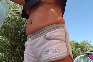 nippleringlover as hot mom goes outdoors without bra to flash sexy ass with pierced pussy and huge pierced nipples