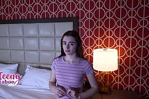 stepdad cums inside cute 18 yo stepdaughter Reese Robbins with small tits shaved pussy in homemade pov doggystyle riding and missionary creampie taboo