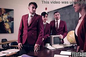 Whoa, these horny students are gangbanging that huge tits bbw mature teacher right in the classroom with big cocks.