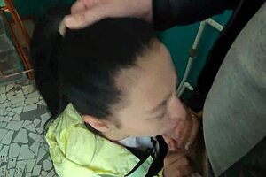 Whoa, Watch This Teen Brunette Risk It All with a Huge Cock Blowjob and Swallowing Cum on Public Stairs - Intense and Naughty!