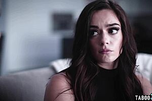 Hot milf secretly films her husband roughly anal fucking petite assistant Sophia Burns with deepthroat action.