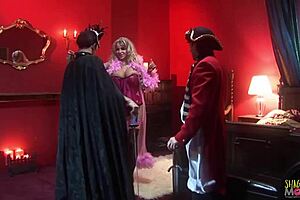 Two horny ghosts get interrupted by a busty blonde milf craving to ride their cocks in lingerie. She bends over for deepthroat and wet pussy action.