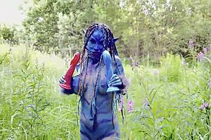 Brunette milf Monika Fox fists her ass and pussy with big dildo in forest