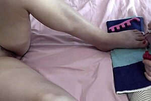 Sexy blonde milf and cute brunette virgin without panties in stockings paint toes on bed. They explore big ass, pussy, natural tits with close up handjob and fingering as lesbians and bisexuals.