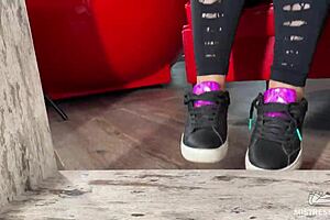 goddess teases with wrinkled feet in socks then goes barefoot under desk for close up play