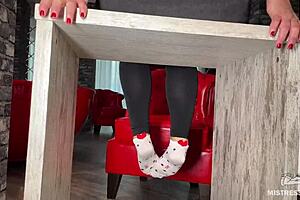 goddess teases with wrinkled feet in socks then goes barefoot under desk for close up play