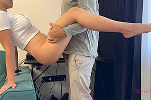 Neighbor fucked my tight pussy doggystyle and filled me with cum in leggings!