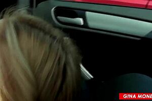 Blowjob and pussy licking in car for risky public sex with slut sucking and outdoor action