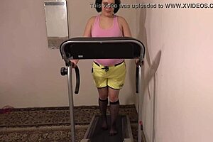 she trains juicy ass on treadmill with anal plug for combined fitness and orgasm session