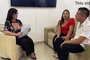 Married couple seeks psychological therapy but ends up in wild threesome with cum in mouth. Big ass milf takes charge in group amateur action.