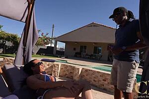 hey that massage turned into interracial fucking with big tits milf getting creampie by pool in doggystyle