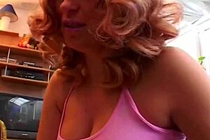 Blonde mature maid takes cumshot after hairy fucking and facial in the living room.