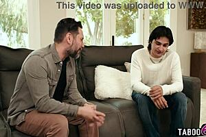 Stepson and stepdad team up for double penetration on mature stepmom. It starts with a blindfolded massage turning into anal and old young action.