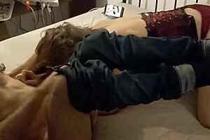 blonde amateur in black corset and satin panties gets doggystyle rimming and blowjob