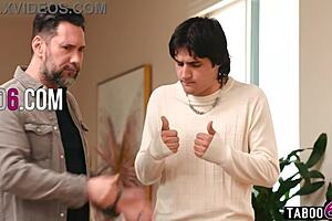 Stepson and stepdad team up for double penetration on mature stepmom. It starts with a blindfolded massage turning into anal and old young action.