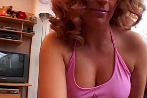 Blonde mature maid takes cumshot after hairy fucking and facial in the living room.