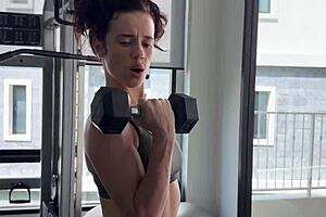 why go naked for the next gym workout with this skinny tattooed brunette?