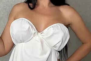 Oiled up titfuck grips big slutty tits tight for intense messy cumshot with european amateur pov action in bedroom