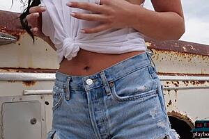 petite portugese milf carmen nikole strips sensually outdoors, clothes ripping off her small tits 😏