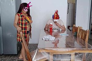 A latina maid with charming natural big tits flashes and fulfills a dark fetish at home for her caretaker.