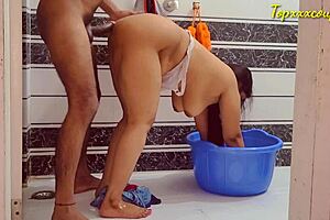 I feel the intense pain as hot Desi Bhabhi endures brutal doggy style fucking in the bathroom with her amateur Indian partner.