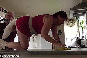 Milf Slut Boldly Cleans Kitchen Bench with Shiny Buttplug Deep in Big Ass
