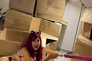 my sex machine pounds deep throat with huge dildo for this teen 18+ cat girl