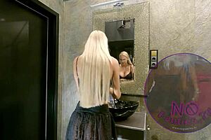 Big Tits Long Haired Sexy Blonde Prepares For The Night In A See Through Mini Skirt With Underknee Socks And No Panties