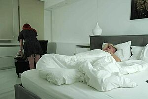 step son catches step mom undressing in the sauna. they end up having passionate sex together.